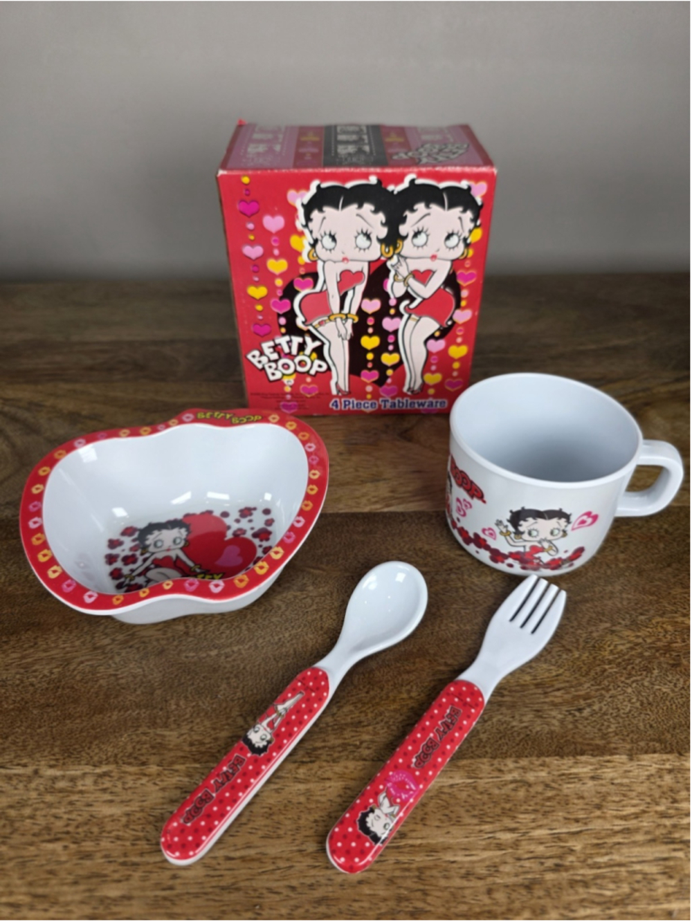 Betty Boop 4 Piece Tableware Set Mug Bowl Fork Spoon Original Box 68670A